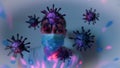Representation of the covid-19 virus or coronavirus, spheres, with growths,with a masked face, blurred, in the background