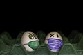 Representation of faces with chinstraps in eggs. Eggs with human expressions with nose and mouth protection. Concept of protection
