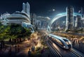 A representation of a futuristic city with modern trains, futuristic streets and cities.Generated image