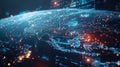 Representation of interconnected data points and secure networks on a digital globe reflecting a global security concept.