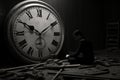 representation internal struggle shadows fear, isolation confined space. man sits near broken clock