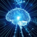 Representation of a neural network featuring a glowing brain and dynamic data streams in a digital format Royalty Free Stock Photo