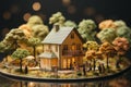 Representation of real estate insurance, Wooden house model with umbrella-carrying individuals Royalty Free Stock Photo