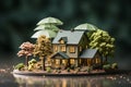 Representation of real estate insurance, Wooden house model with umbrella-carrying individuals Royalty Free Stock Photo