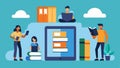 A representation of a virtual library filled with ebooks and downloadable materials with students accessing content from Royalty Free Stock Photo