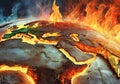 representation of the world map oriented towards the Middle East which is on fire, concept of war