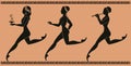 Representative figures of classical Greek ceramics. Three girls running and dancing, playing music and carrying a pot Royalty Free Stock Photo