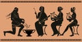 Representative figures of classical Greek ceramics. Three women or muses and a water man pouring water over a vessel Royalty Free Stock Photo