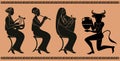 Representative figures of classical Greek ceramics. Three women playing music and minotaur Royalty Free Stock Photo