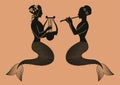 Representative figures of classical Greek ceramics. Two mermaids playing a zither and a flute. Mythological creatures with fish Royalty Free Stock Photo