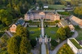 Representative pink rococo Nove Hrady castle from 1777, french garden, village near Litomysl, Pardubice region, Czech republic.