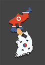 Representatives of the South and North Korea shake hands. Korea peace talks. South and North Korea flags on map. vector