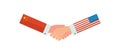 Representatives of the USA and China shake hands in front of an American and Chinese flag. vector illustration