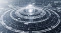 Futuristic Digital Globe Network with Concentric Circuits and Glowing Data Streams Representing Global Connectivity Royalty Free Stock Photo
