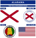 Alabama Symbol collection with flag, seal, US flag and emblem as vector.