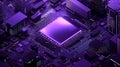 It represents quantum computing, big data, and database concepts. An isometric banner of a CPU, a central computer