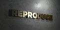 Reproduce - Gold text on black background - 3D rendered royalty free stock picture