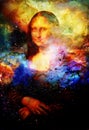 Reproduction of painting Mona Lisa by Leonardo da Vinci in cosmic space.