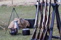 Reproduction vintage muskets at military camp fire