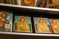 Reproductions of the icon of the smiling Virgin Mary from Bethlehem are on sale in the souvenir shop in Bethlehem in the