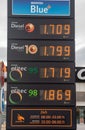 Repsol gas pump in Spain showing prices per liter for diesel and 95 and 98 gasoline