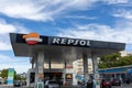 Repsol logo sign on the canopy. Repsol is a global multi-energy provider. Royalty Free Stock Photo