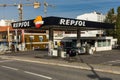 Repsol logo sign on the gas station.