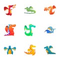 Reptile dragons icon set, cartoon style