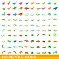 100 reptile icons set, cartoon style Royalty Free Stock Photo