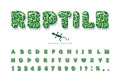 Reptile skin cartoon font. Animal green spotted print alphabet. Botany school science design. Decorative letters and numbers for