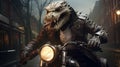 A reptile wearing a leather jacket and riding a motorcycle