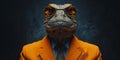 A Reptilian Figure Rocks An Orange Suit And Shades Against A Dark Backdrop, Copy Space