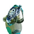Reptoid astronaut is pointing the laser gun to you in white background Royalty Free Stock Photo