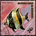 REPUBLIC OF BURUNDI - CIRCA 1974: postage stamp, printed in Burundi, shows a fish Moorish Idol Zanclus canescens