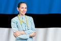 Republic of Estonia healthcare concept with doctor on background. Medical insurance, work or study in the country