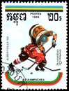 REPUBLIC OF KAMPUCHEA CAMBODIA - CIRCA 1989: postage stamp, printed in Republic of Kampuchea, shows a Ice Hockey. Series Winter