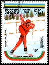 REPUBLIC OF KAMPUCHEA CAMBODIA - CIRCA 1989: postage stamp, printed in Republic of Kampuchea, shows a Speed Skating. Series Wint