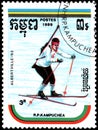 REPUBLIC OF KAMPUCHEA CAMBODIA - CIRCA 1989: postage stamp, printed in Republic of Kampuchea, shows a Biathlon. Series Winter Ol