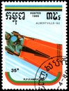 REPUBLIC OF KAMPUCHEA CAMBODIA - CIRCA 1989: postage stamp, printed in Republic of Kampuchea, shows a bobsled. Series Winter Oly