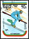 REPUBLIC OF KAMPUCHEA CAMBODIA - CIRCA 1989: postage stamp, printed in Republic of Kampuchea, shows a ski jumping. Series Winter