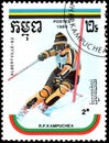 REPUBLIC OF KAMPUCHEA CAMBODIA - CIRCA 1989: postage stamp, printed in Republic of Kampuchea, shows a Slalom skiing. Series Wint
