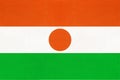 Republic Niger national fabric flag textile background. Symbol of world african country