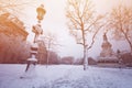 Republic square, Paris during rare snow winter day