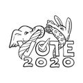 Republican Elephant and Democratic Donkey in Tug-O-War USA Flag Vote 2020 Cartoon Black and White Royalty Free Stock Photo