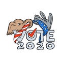Republican Elephant and Democratic Donkey in Tug-O-War USA Flag Vote 2020 Cartoon Royalty Free Stock Photo