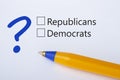 Republicans or Democrats - checkbox with a tick on white paper with yellow pen. Checklist concept Royalty Free Stock Photo