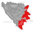 Republika Srpska red highlighted in map of Bosnia and Herzegovina