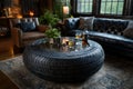 Repurposing old tire creating unique diy coffee table design with glass top and rustic decor Royalty Free Stock Photo