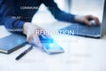 Reputation and customer relationship business cocnept on virtual screen. Royalty Free Stock Photo