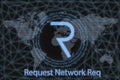 Request Network Req Abstract Cryptocurrency. With a dark background and a world map. Graphic concept for your design